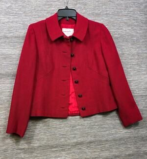 La Maisonette Blazer Jacket Womens M Red Wool Crepe Button Front Lined Collared